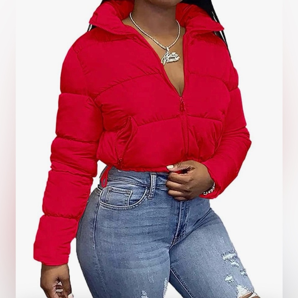 Cropped Puffer Jacket-RED